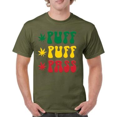 Imagem de Camiseta Puff Puff Pass 420 Weed Lover Pot Leaf Smoking Marijuana Legalize Cannabis Funny High Pothead Camiseta masculina, Verde militar, M