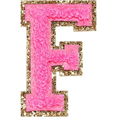 Imagem de 3 Pçs Chenille Letter Patches Ferro em Patches Glitter Varsity Letter Patches Bordado Borda Dourada Costurar em Patches para Vestuário Chapéu Camisa Bolsa (Rosa, F)