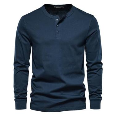 Imagem de JMSUN Camiseta masculina de manga comprida com meio botão gola redonda casual justa tops básicos de outono Camisa masculina de meio botão com gola redonda e gola redonda