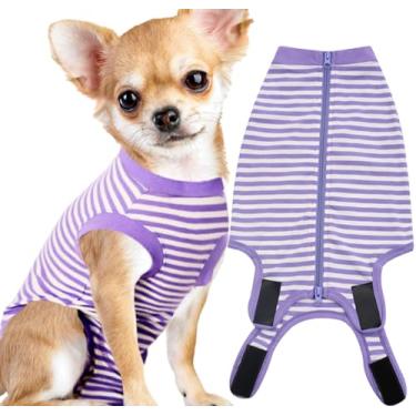 Imagem de SyChien Terno de recuperação de cães pequeno, camisa de recuperação de cirurgia masculina de esterilização feminina, terno cirúrgico de algodão penteado macio para cães, PP roxo-branco listrado
