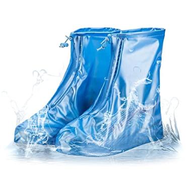 Imagem de Capas de sapatos impermeáveis para botas de chuva, galochas com controle de areia, antiderrapante, sola de borracha de PVC, botas de neve reutilizáveis para ciclismo, acampamento ao ar livre, pesca, jardim, viagens (P, azul)