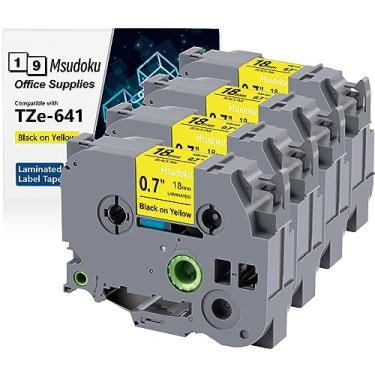 Imagem de Msudoku Pacote com 4 TZe 641 Tze641 Compatível com TZe-641 18 mm 0,7 Fita Amarela Laminada Compatível com Brother P Touch Tape para PTD610BT PTD410 PT-P710BT PTD400 PT-P700 Rotulador (Preto sobre Amarelo)