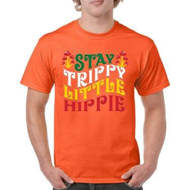 Imagem de Camiseta masculina Stay Trippy Little Hippie Puff Print Hippies Vintage Peace Love Happiness Retro 70s Cogumelos, Laranja, M