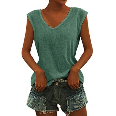 Imagem de Camisetas femininas de manga cavada, gola V, regata de verão, casuais, básicas, camisetas soltas, M-GGG, Verde, GG