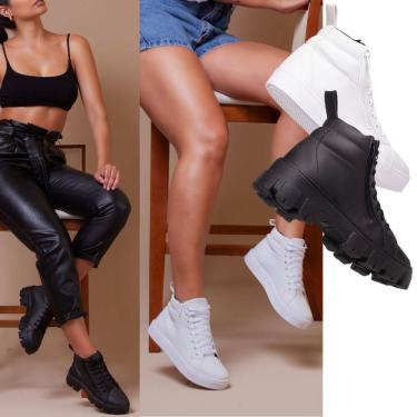 Imagem de Kit Tênis Feminino De Cano Longo Branco Para Um Toque Moderno + Coturno Feminino Tratorado Preto.