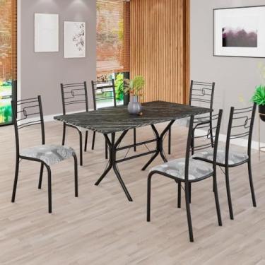 Imagem de Conjunto Sala de Jantar Mesa Retangular 140x75cm Tampo Pedra Ardósia Indiana 6 Cadeiras Paraty Paraopeba/Preto Fosco