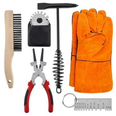 Imagem de 7 peças de escova de arame para arranhar 24 cm, ferramenta de remoção de escória com alça de mola de bobina de aço, luvas de soldagem, medidores de espessura de folha de metal, martelos de soldagem de