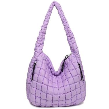 Imagem de Puffer Tote Bolsa feminina acolchoada tiracolo grande ombro inchado 2024 bolsa de praia de verão nuvem Hobo Bubble Gym plissado pad, Roxa, Bolsas Hobo