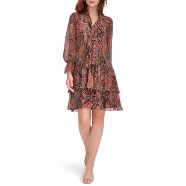 Imagem de Tommy Hilfiger Vestido feminino de manga comprida e gola redonda com babados e punho de galinha, berinjela/pimenta malagueta, 36