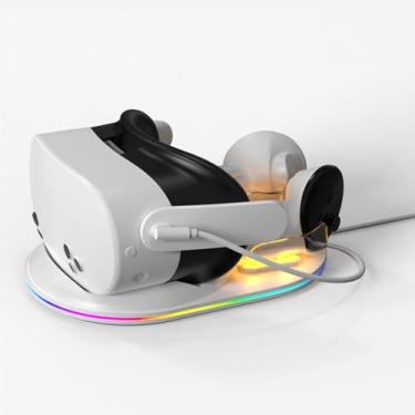 Imagem de Base de carregamento para Meta Quest 3S, faixa de cabeça VR e carregamento rápido do controlador, com 2 baterias recarregáveis ​​de 1800mAh, iluminação RGB, suporte de carregador magnético VR (Branco)