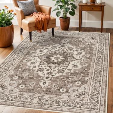 Imagem de TOPRUUG Tapete de área oriental lavável – Tapetes 7,5 x 12,5 cm para sala de estar, tapete macio para quarto, impermeável, floral, envelhecido, resistente a manchas, resistente a manchas (bege, 3X5)