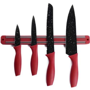 Imagem de Kit 4 Facas Coloridas Conjunto Em Aço Inox Com Barra Magnética Cortes 