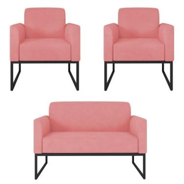 Imagem de Kit Namoradeira e 2 Poltronas Decorativas Base Industrial Preta Maress