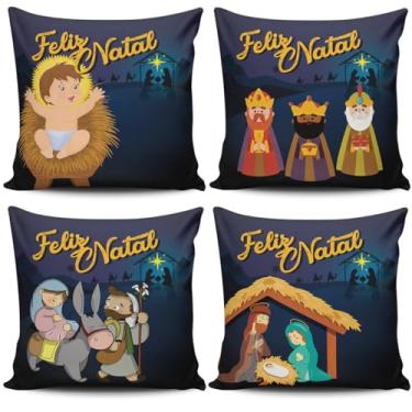 Imagem de Kit com 4 Almofadas Cheias Estampadas Natalinas Feliz Natal Família Sagrada Azul Marinho 45cm x 45cm com Enchimento Refil Silicone - Jogo Conjunto Decoração Natal Religiosa Presépio Véspera Ceia