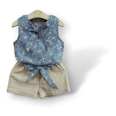 Imagem de Conjunto Social Infantil Short + Cinto + Blusa - ANJO DA MAMÃE, Azul, 