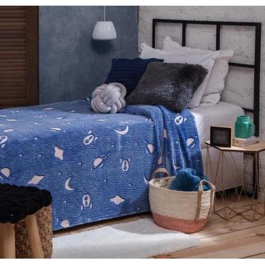 Imagem de Manta Solteiro Brilha no Escuro Azul Estrelas - JOLITEX