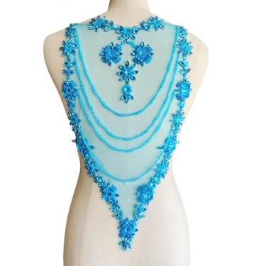 Imagem de Aplique de renda de strass feito à mão, costura, contas brilhantes, apliques de franja de cristal para roupas de vestido acessórios traseiros 25 x 53 cm (azul celeste)