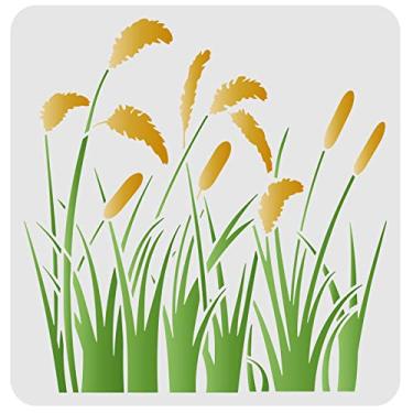 Imagem de FINGERINSPIRE Estêncil de grama, 30 x 30 cm, padrão reutilizável de folhas de taboa para desenhar plantas - pintura em madeira, piso, móveis, parede e papel