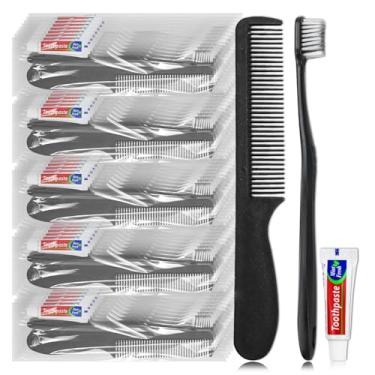 Imagem de Lilingsty Escovas de dentes descartáveis, escova de dentes preta e pasta de dente para viagem, vem com pente, embalado individualmente, adequado para hotel, casa, acampamento, viagens (Pacote com 100)