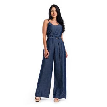 Imagem de Macacão calça Jeans Sarja Pantalona  - RESTRITO JEANS, 50, Azul