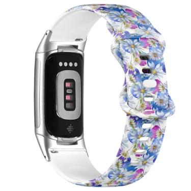 Imagem de Pulseira de silicone macio compatível com Fitbit Charge 5/Fitbit Charge 6 (margarida floral, botânica, flor), pulseira esportiva macia para mulheres e homens