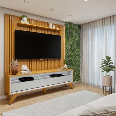 Imagem de Conjunto Rack Áustria 180cm com Painel Ripado com Led para Tv de até 75 Polegadas Paris Naturalle/Off White