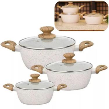 Imagem de Conjunto De 3 Panelas Caçarolas Bege Cerâmica Antiaderente Indução e g