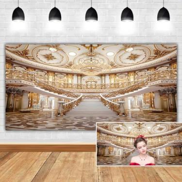 Imagem de DORCEV Luxuoso Palácio Dourado Cenário Fotográfico 4,6 x 2,4 m Nobre Hotel Palace Hall Salão de Baile Versalhes Fundo Vintage Lustre Casamento Cerimônia de Noivado Decoração de Aniversário Adereços de