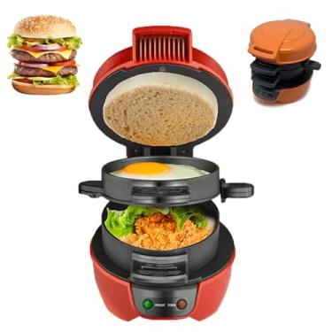 Imagem de Sanduicheira de café da manhã com anel de ovo, pronta em 5 minutos, destacável e lavável na máquina, máquina de hambúrguer multifuncional, aquecimento de dupla face, grelha redonda elétrica, máquina