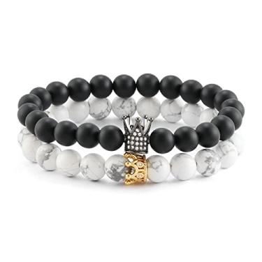 Imagem de POSHFEEL Pulseira de casal de pedras naturais CZ micro pavê coroa king queen de 8 mm, 19 cm, 7.5 inches, Pedra, Ágata