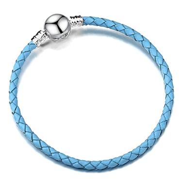 Imagem de QeenseKc Pulseira de couro trançado azul de 3 mm com fecho de pressão redondo pulseira tecida para berloque europeu Pandora joias faça você mesmo 16 cm a 21 cm disponível, Metal, Base