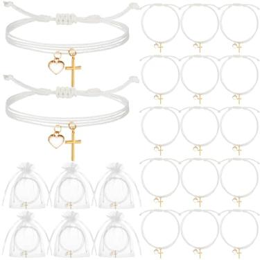 Imagem de Ferreve Pacote com 30 pulseiras de brindes de batismo com bolsa de organza coração cruz ajustável religiosa feita à mão corda trançada para mulheres meninas primeira comunhão igreja evento casamento