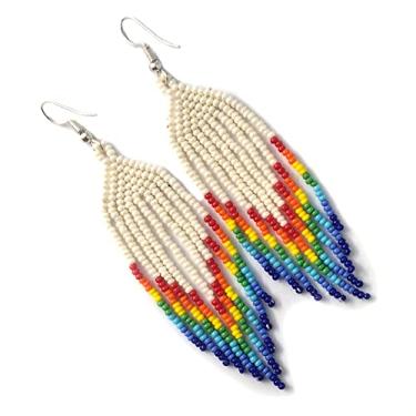Imagem de Brincos longos com miçangas – Brincos de franja de contas de sementes boho nativo feito à mão, boêmios, grandes, com contas e franjas para mulheres e meninas (artes-Eva1), Free size, c/z contas de semente de vidro 11/0, c/z contas de semente de vidro 11/0