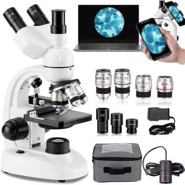 Imagem de Microscópio trinocular 40x-5000x, microscópio led composto trinocular de laboratório com ocular eletrônica/rotação de 360°/estágio mecânico, para aprendizagem/operações experimentais