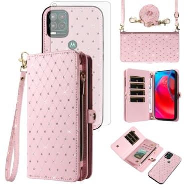 Imagem de Asuwish Capa de celular para Moto G Stylus 5G 2021 com zíper carteira destacável com protetor de tela de vidro temperado, alça flip com glitter, compartimento para cartão Motorola GStylus G5 XT2131DL