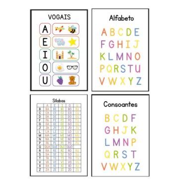 Imagem de Quadros Escola Português Alfabeto Vogais Kit 4 Peças 20x28cm - CAMALEÃ