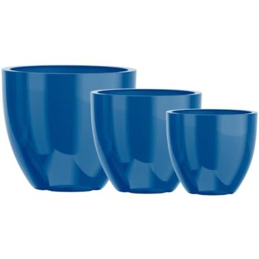Imagem de Kit 3 Vasos Vietnamita Decorativo Fibra De Vidro 57cm 45cm E 36cm (Azul Metálico)