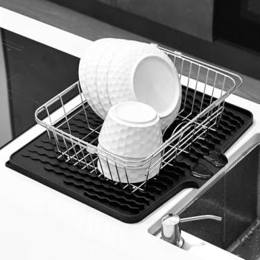 Imagem de Tapete de secagem de pratos de silicone com borda de drenagem embutida, tapete de silicone resistente ao calor para balcão de cozinha ou pia, tapete de drenagem antiderrapante protege superfícies