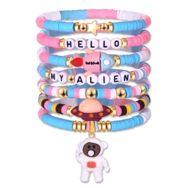 Imagem de XOCARTIGE Pulseiras espaciais para mulheres, pulseira de astronauta, rosa, azul, contas Heishi, pulseiras elásticas, Saturno, astronauta, lua, estrela, berloque, pulseira, acessórios de joias