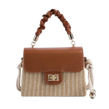 Imagem de Bolsa de praia casual, bolsas transversais de palha para mulheres, bolsas de férias, bolsa de ombro exclusiva de couro de palha, Marrom