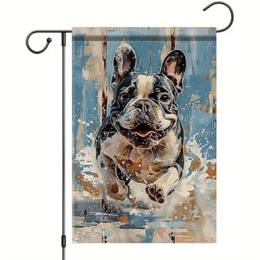 Imagem de Starlit Patio Bem-vindo primavera verão cachorro jardim bandeira 30,5 x 45,7 cm dupla face buldogue francês quintal bandeira primavera jardim bandeira para exterior cão decoração quintal bandeira