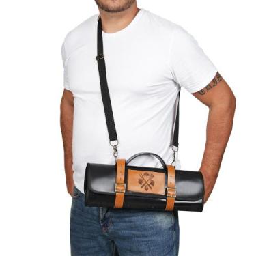 Imagem de Estojo Porta Facas em Couro Legitimo Preto - 6 Compartimentos - Island