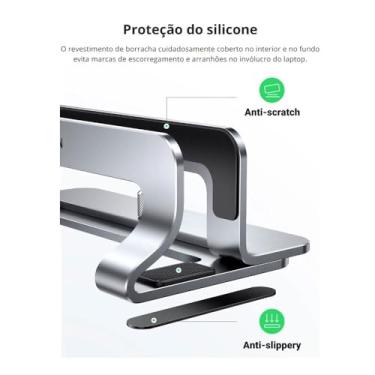 Imagem de Suporte Vertical Alumínio para MacBook Laptop Tablet Prata Ideal para Trabalho Escritório Estudo Design Portátil Compatibilidade Dispositivos 12 a 26mm Espessura MPOWER