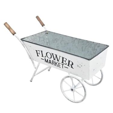 Imagem de Z² BellaDecor Farmhouse carrinho de flores pequeno com alças de madeira vasos de metal para plantas ao ar livre plantador de jardim com rodas de vagão carrinho de mão decorativo para jardim pátio