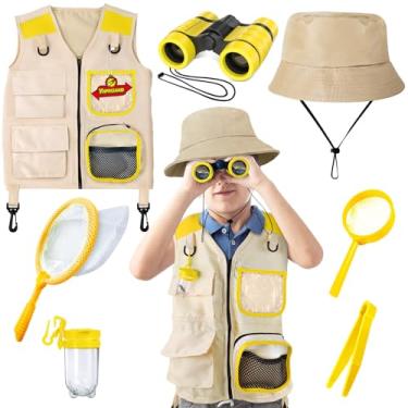 Imagem de Kit de exploração infantil com colete, chapéu e binóculos para crianças, equipamento de acampamento infantil com kit de exploração de besouro, ótimo brinquedo para
