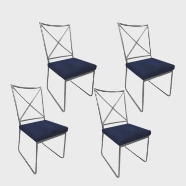 Imagem de Kit 04 Cadeiras Sala de Jantar Escritório Office Clark Industrial Ferro Prata Suede Azul Marinho - Ahz Móveis