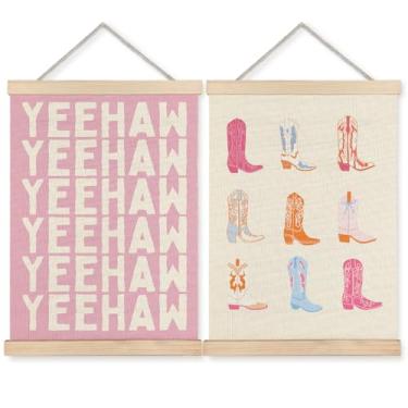 Imagem de BearCake Decoração de quarto de vaqueira, botas de vaqueira ocidentais rosa com moldura para pôster, arte de parede, arte de parede, impressão em tela rosa selvagem, decoração de parede emoldurada