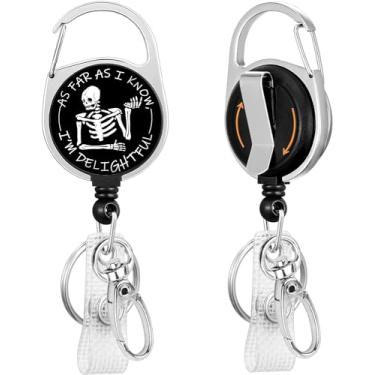 Imagem de Porta-crachá retrátil resistente com mosquetão giratório de 360° clipe de cinto, crachá de identificação com nome de caveira chaveiro para trabalhador de escritório, médico, enfermeira, funcionário, sou encantador