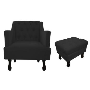 Imagem de Kit Poltrona Decorativa Julia + Puff Luis Xv Suede Preto Pés Madeira M