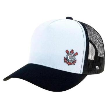 Imagem de Boné SuperCap Corinthians Trucker Silk Frontal Licenciado Branco e Pre